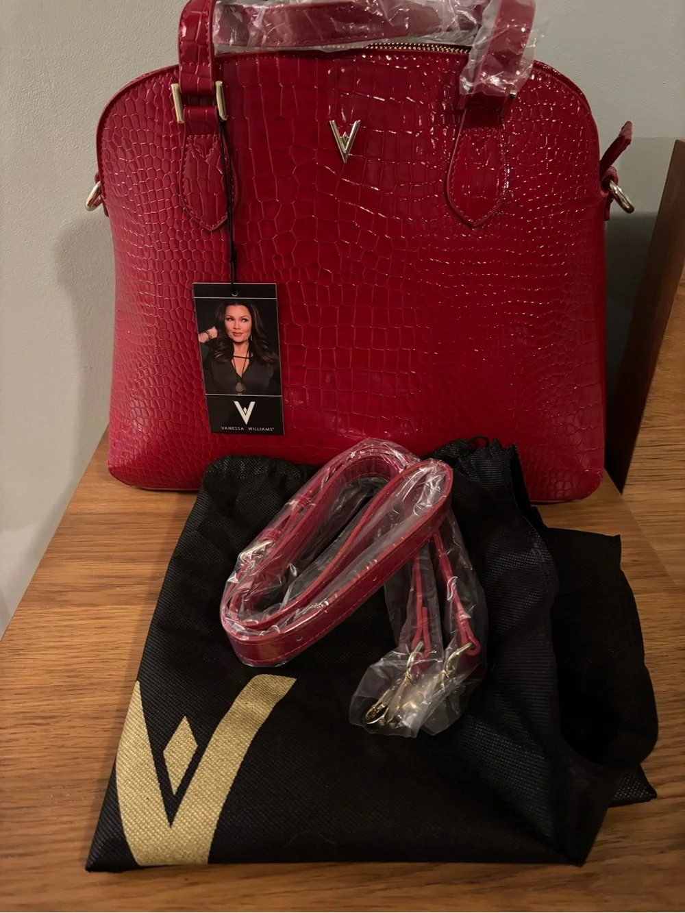 Vanessa Williams Lush round satchel vibrant red crocodile-embossed faux leather